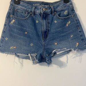 American Eagle Outfitters Blue Denim Shorts with Floral Embroidery